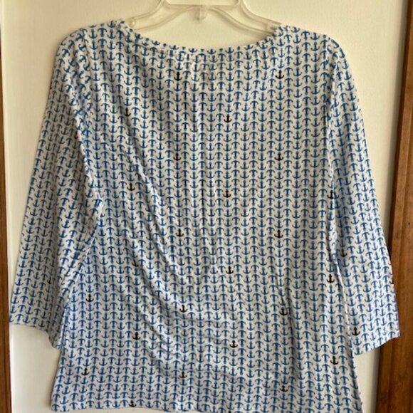 TALBOTS Classic 3/4 Sleeve Tee Shirt Blue Anchor Print - Picture 3 of 14